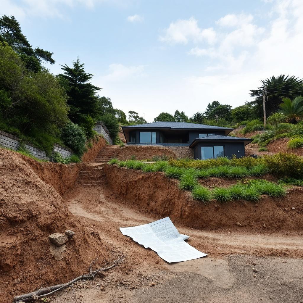 Sloped Tauranga residential section with earthworks and planning documents