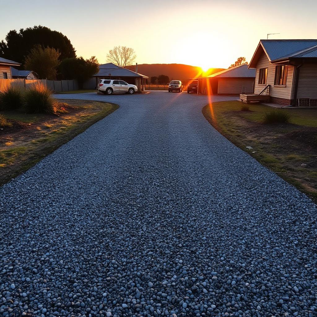 Freshly compacted gravel driveway on a lifestyle block in Bay of Plenty at golden hour
