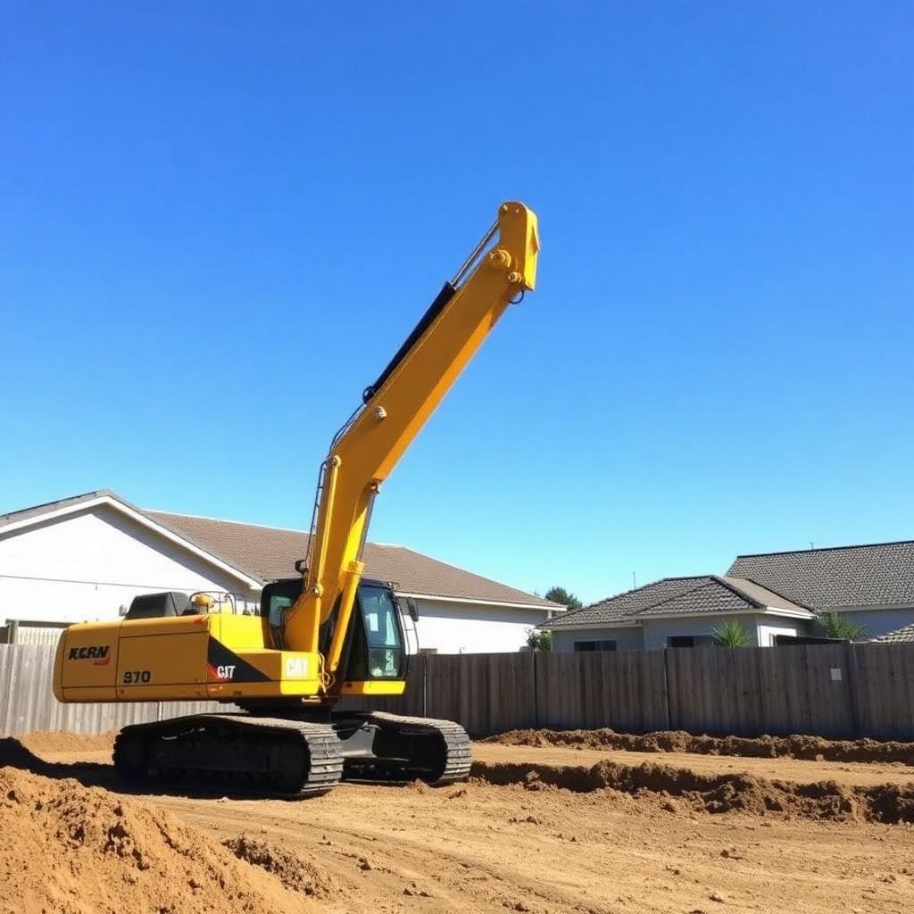 Excavator levelling a residential backyard section on a clear day in New Zealand