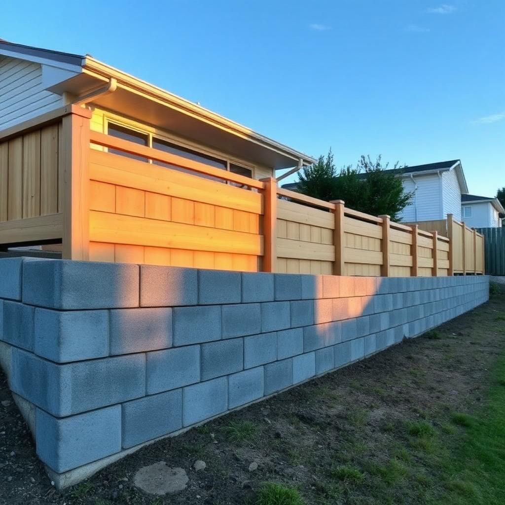Concrete block retaining wall installed on a Tauranga residential section at golden hour