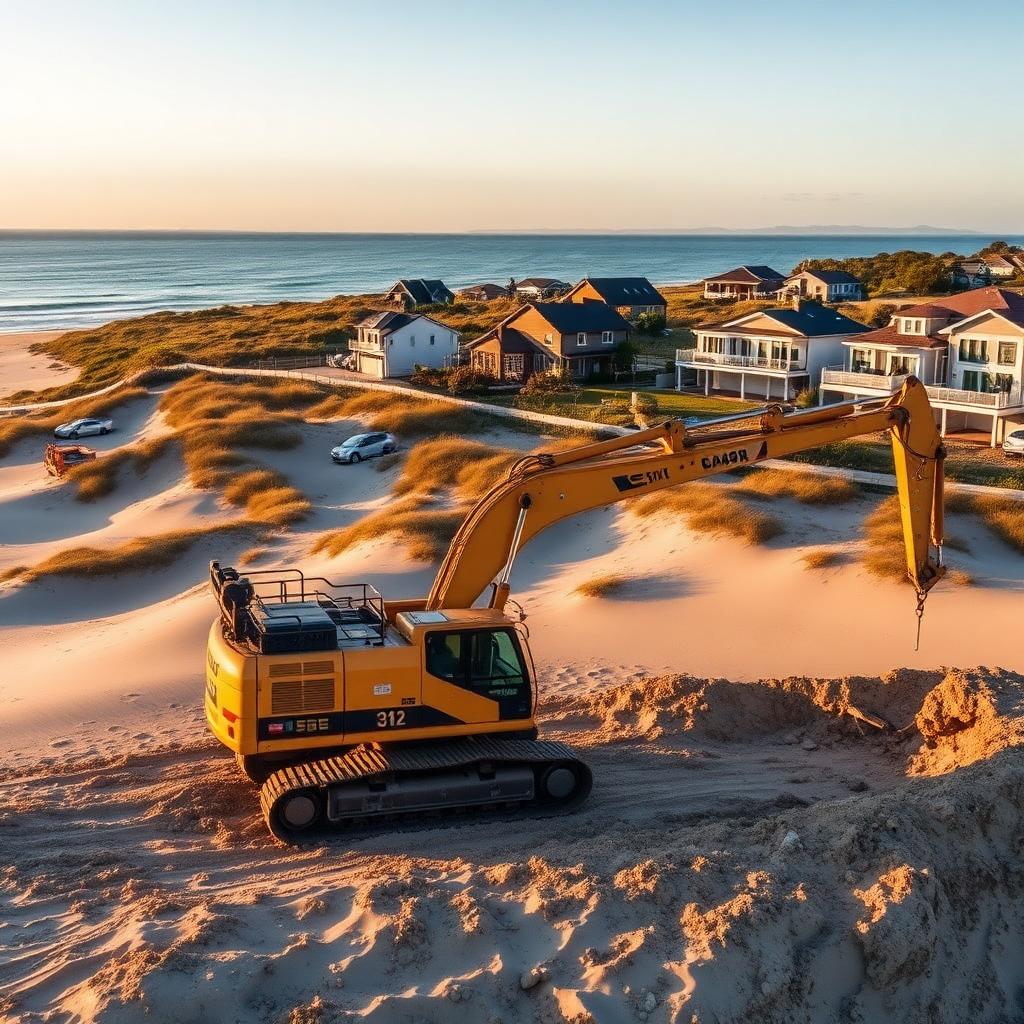 Excavator working on a sandy residential section near the coast at Mount Maunganui