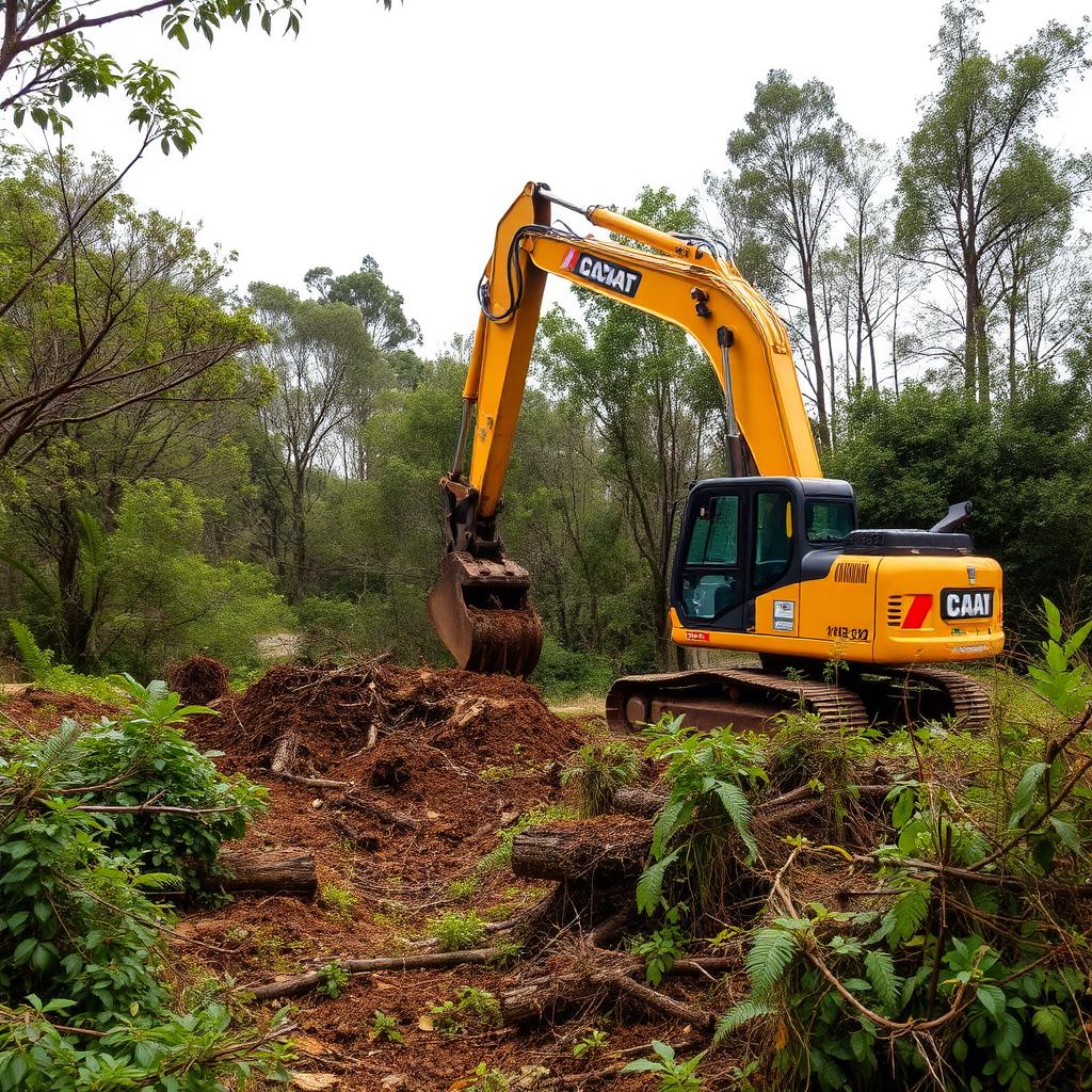 Excavator clearing vegetation and stumps from an overgrown NZ residential section