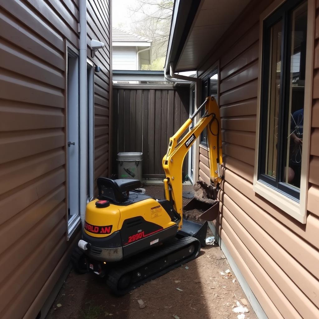 Mini excavator working in a tight narrow side access between two houses